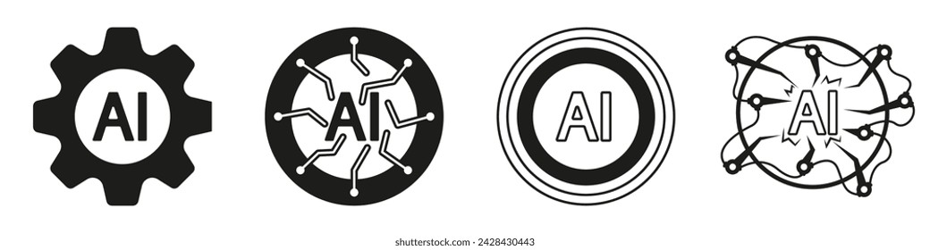 Artificial intelligence set of vector logos. Artificial intelligence processor. Set of AI web icons. Machine learning logo. Futuristic cybernetics logos. AI vector illustration.