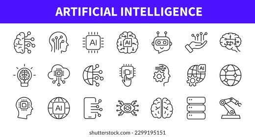 Artificial intelligence set of web icons in line style. AI technology icons for web and mobile app. Machine learning, digital AI technology, algorithm, smart robotic and cloud computing network