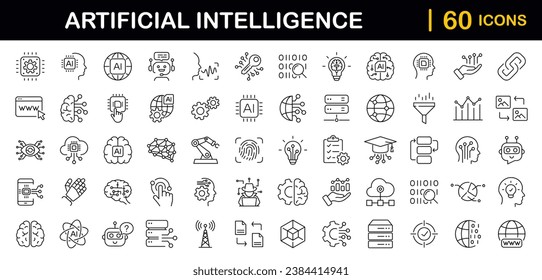 Artificial intelligence set of web icons in line style. AI technology icons for web and mobile app. Machine learning, digital AI technology, algorithm, smart robotic, cloud computing network