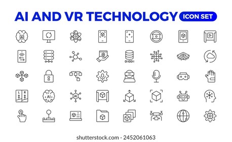 Artificial intelligence set of web icons in line style. AI technology for and mobile app. Machine learning, digital technology, and cloud computing networks. Outline icon set.