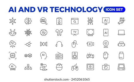 Artificial intelligence set of web icons in line style. AI technology for and mobile app. Machine learning, digital technology, and cloud computing networks. Outline icon set.