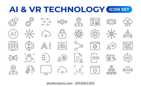 Artificial intelligence set of web icons in line style. AI technology for and mobile app. Machine learning, digital technology, and cloud computing networks. Outline icon set.