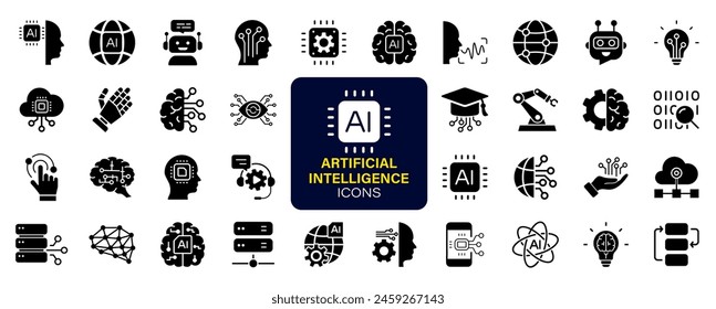 Künstliche Intelligenz Set von Web-Icons. KI-Technologie-Symbole für Web und mobiles App. Maschinelles Lernen, digitale KI-Technologie, Algorithmus, intelligente Robotik, Cloud Computing. Kollektion von Vollvektorsymbolen