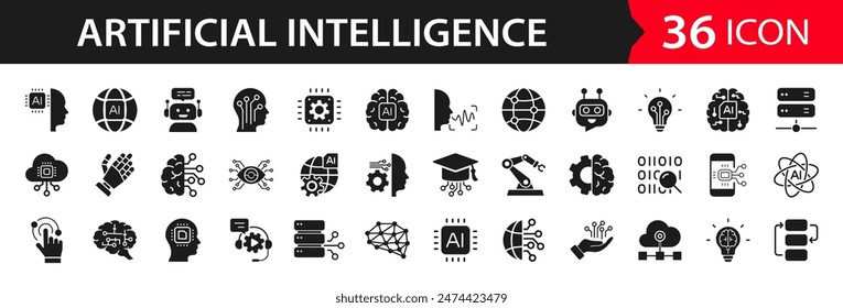 Conjunto de iconos web de inteligencia artificial. Iconos de tecnología de IA para Web y App móvil. Aprendizaje automático, tecnología de IA digital, algoritmo, robótica inteligente, computación en la nube. Iconos de vector sólido colección