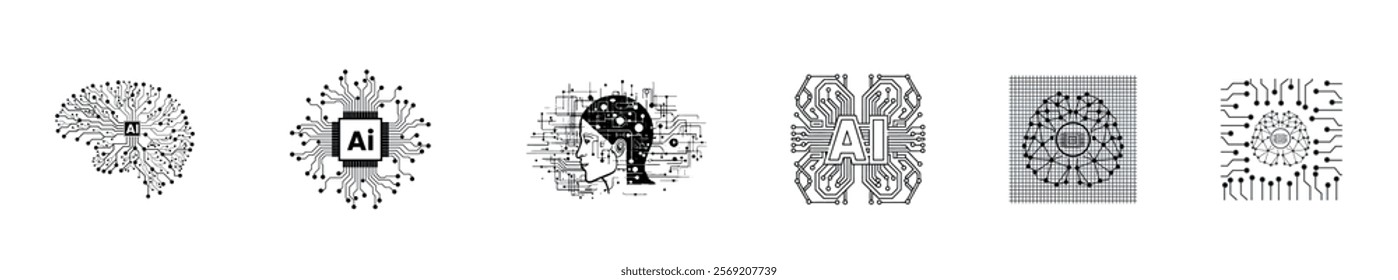 Artificial intelligence set of web icons in line style. AI technology icons for web and mobile apps. Machine learning, digital AI technology, algorithms, smart robotics, cloud computing network.