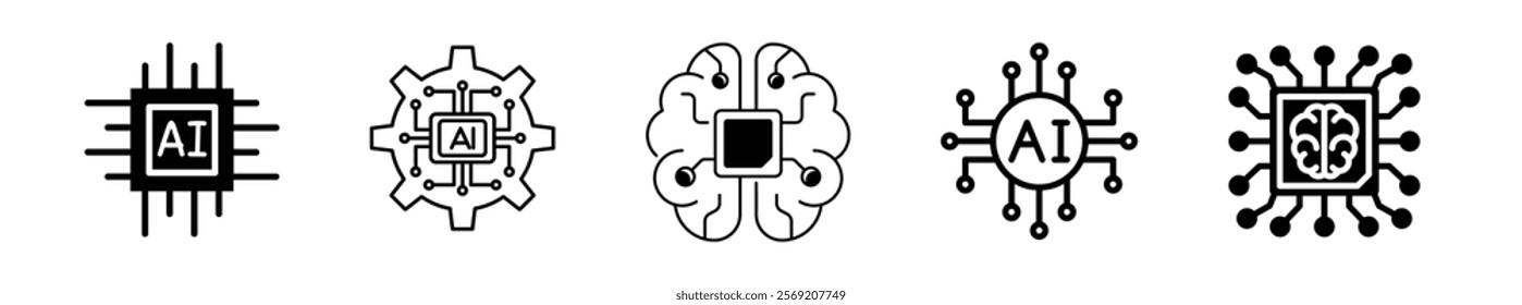 Artificial intelligence set of web icons in line style. AI technology icons for web and mobile apps. Machine learning, digital AI technology, algorithms, smart robotics, cloud computing network.