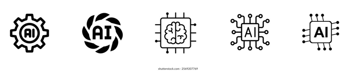 Artificial intelligence set of web icons in line style. AI technology icons for web and mobile apps. Machine learning, digital AI technology, algorithms, smart robotics, cloud computing network.