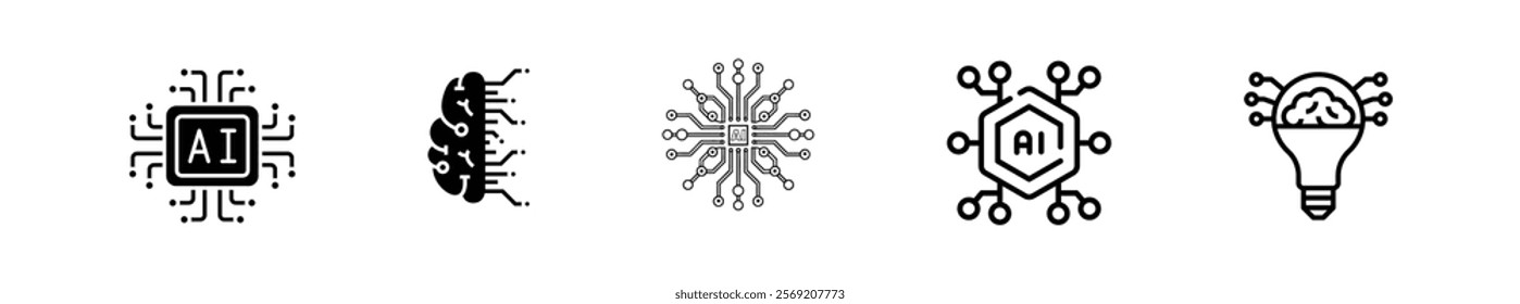 Artificial intelligence set of web icons in line style. AI technology icons for web and mobile apps. Machine learning, digital AI technology, algorithms, smart robotics, cloud computing network.