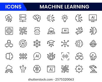 Artificial intelligence set of web icons inline style. AI technology icons for web and mobile apps. Machine learning, digital AI technology, algorithm, smart robotics, cloud computing network