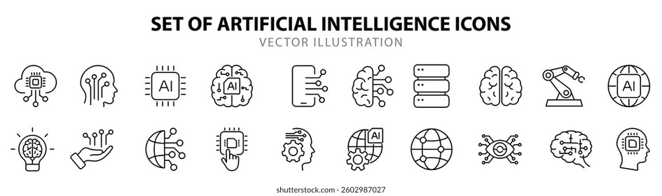 Artificial intelligence set of web icons in line style. AI technology icons for web and mobile app. Machine learning, digital AI technology, algorithm, smart robotic and cloud computing network