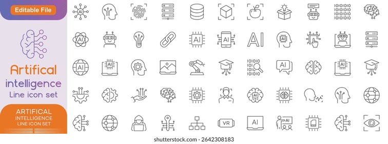 Artificial intelligence set of web icons in line style. AI technology icons for web and mobile app. Machine learning, digital AI technology, algorithm, smart robotic, cloud computing network