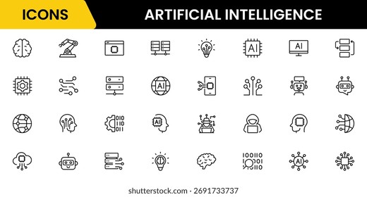 Artificial intelligence set of web icons in line style. AI technology icons for web and mobile apps. Machine learning, digital AI technology, algorithm, smart robotics, cloud computing network
