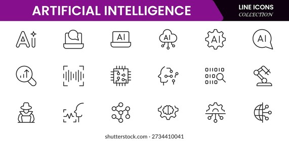 Künstliche Intelligenz Satz von Web-Icons im Linienstil. KI-Technologie-Symbole für Web- und mobile Apps. Maschinelles Lernen, Algorithmus, intelligente Robotik, Cloud-Computing-Netzwerk Vektorgrafik
