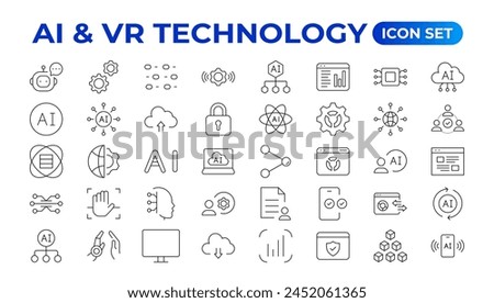 Artificial intelligence set of web icons in line style. AI technology for and mobile app. Machine learning, digital technology, and cloud computing networks. Outline icon set.