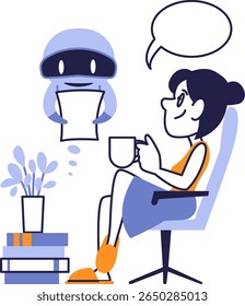 Inteligência Artificial Compartilhando uma História com Mulher Bebendo Café. Conceito de tempo de lazer acolhedor.