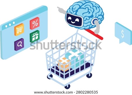 Artificial Intelligence Shopping Assistant: A cute AI brain character with arms and legs guides a shopping cart filled with gifts, pointing at a browser window displaying shopping icons.