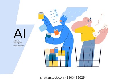 Artificial intelligence, Shopping -modern flat vector concept illustration of AI effectively choosing groceries and man having difficultiy. Metaphor of AI advantage, superiority and dominance concept