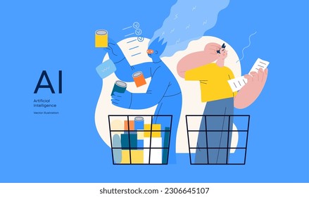 Artificial intelligence, Shopping -modern flat vector concept illustration of AI effectively choosing groceries and man having difficultiy. Metaphor of AI advantage, superiority and dominance concept