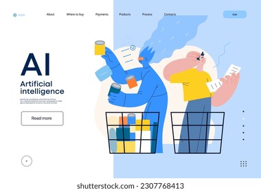 Artificial intelligence, Shopping -modern flat vector concept illustration of AI effectively choosing groceries and man having difficultiy. Metaphor of AI advantage, superiority and dominance concept