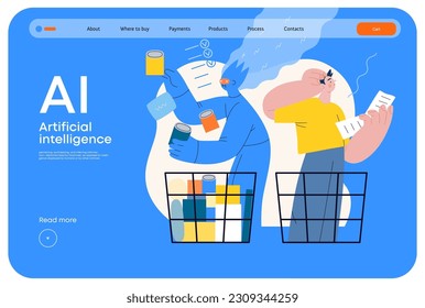 Artificial intelligence, Shopping -modern flat vector concept illustration of AI effectively choosing groceries and man having difficultiy. Metaphor of AI advantage, superiority and dominance concept