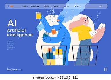 Artificial intelligence, Shopping -modern flat vector concept illustration of AI effectively choosing groceries and man having difficultiy. Metaphor of AI advantage, superiority and dominance concept