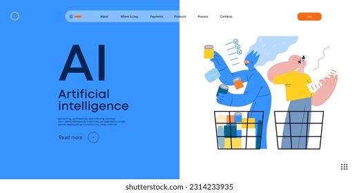 Artificial intelligence, Shopping -modern flat vector concept illustration of AI effectively choosing groceries and man having difficultiy. Metaphor of AI advantage, superiority and dominance concept