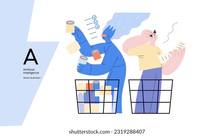 Artificial intelligence, Shopping -modern flat vector concept illustration of AI effectively choosing groceries and man having difficultiy. Metaphor of AI advantage, superiority and dominance concept