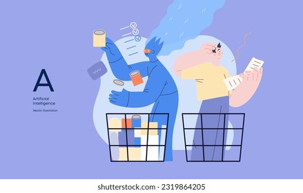 Artificial intelligence, Shopping -modern flat vector concept illustration of AI effectively choosing groceries and man having difficultiy. Metaphor of AI advantage, superiority and dominance concept