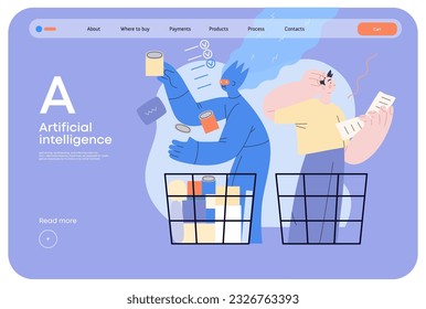 Artificial intelligence, Shopping -modern flat vector concept illustration of AI effectively choosing groceries and man having difficultiy. Metaphor of AI advantage, superiority and dominance concept