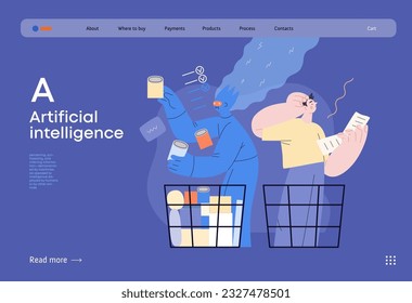 Artificial intelligence, Shopping -modern flat vector concept illustration of AI effectively choosing groceries and man having difficultiy. Metaphor of AI advantage, superiority and dominance concept