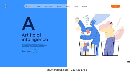 Inteligencia artificial, Shopping-moderna ilustración de concepto de vector plano de IA que efectivamente elige comestibles y el hombre tiene dificultades. Metáfora de la ventaja de IA, superioridad y concepto de dominación