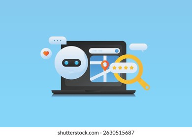 Inteligência artificial apresentando resultados de pesquisa locais com mapas interativos de mecanismos de pesquisa para obter direções e opiniões de clientes. Conceito de motor de busca alimentado por IA.