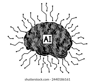 Artificial intelligence, silhouette of brain with people and links. Vector illustration