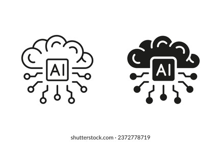 Artificial Intelligence Silhouette and Line Icons Set. Human Brain with Circuit Pictogram. Digital Technology Concept. Tech Science Black Symbol Collection. Isolated Vector Illustration.