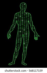Artificial Intelligence. Silhouette of a man's body, inside which  binary code. It can illustrate scientific ideas, artificial neural networks, deep learning, development of technology
