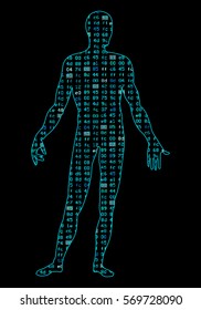 Artificial Intelligence. Silhouette of a man's body, inside which  binary code. It can illustrate scientific ideas, artificial neural networks, deep learning, development of technology