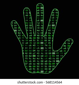 Artificial Intelligence. Silhouette of a man's hand palm, inside which  binary code. It can illustrate scientific ideas, artificial neural networks, deep learning, development of technology