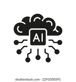Artificial Intelligence Silhouette Symbol on White Background. Human Brain with Circuit. Digital Technology Concept Black Solid Icon. Tech Science Glyph Pictogram. Isolated Vector Illustration.