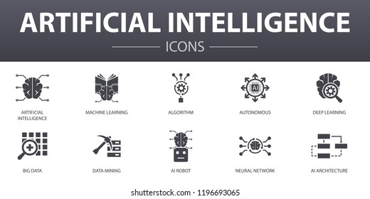 Artificial Intelligence simple concept icons set. Contains such icons as Machine learning, Algorithm, Deep learning, Neural network and more, can be used for web, logo, UI/UX