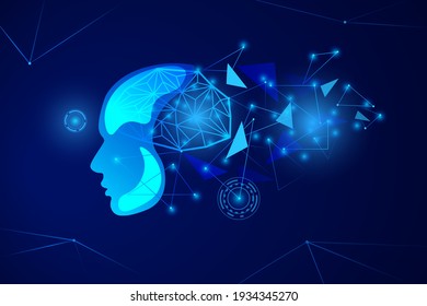 Artificial intelligence simulation clipart. Blue abstract cyborg head with futuristic polygons and virtual avatar future AI development with vector fusion technologies.