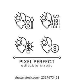 Juego de iconos lineales perfectos de píxeles con habilidades de inteligencia artificial. Ciencia de datos. Ingeniero de IA. Tecnología de automatización. Símbolos de línea delgada personalizables. Ilustraciones aisladas del contorno vectorial. Trazo editable