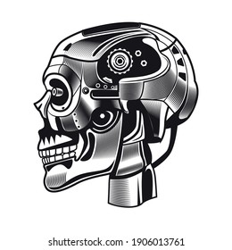 Diseño del emblema del cráneo de la inteligencia artificial. Elemento monocromo con ilustración del vector de cabeza de robots. Concepto de robótica para símbolos o plantillas de tatuajes