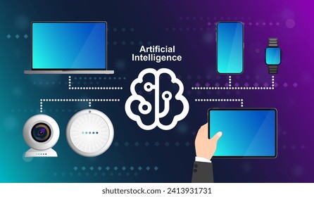 Artificial intelligence in smart devices, Gadgets technology generative for creative ideas and learn to use computer, Notebook, Smartphone, Tablet, Voice assistance, Security camera and Smart watch.