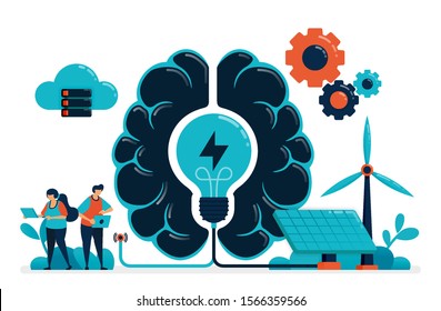Artificial intelligence for smart green energy. Artificial brain supply energy management. Future energy with solar cell and wind. Idea in artificial technology.  