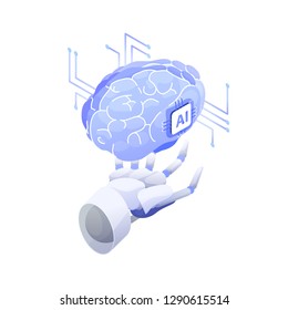 Artificial intelligence, smart robot, conscious machine, innovative technology, hi tech innovation, scientific research in cybernetics. Robotic hand holding AI brain. Modern vector illustration.