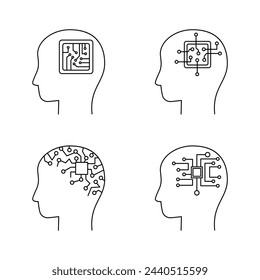 Artificial intelligence, smart robotics, chat bots icons in simple line style. Pictograms of digital technologies AI, machine learning. Isolated outline vector illustration