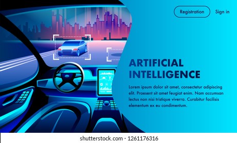 Artificial Intelligence Smart Safety Autonomous Car Cockpit. City Landscape View. Future Unmanned Automobile Driving Innovation Inside. AI Data System. Cartoon Auto Steering Interior.