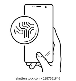 Artificial Intelligence in smartphones. Vector outline icon isolated on white background.