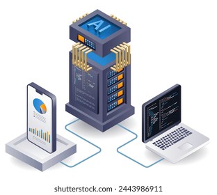 Artificial intelligence smartpon analyst cloud server, flat isometric 3d illustration