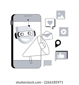Artificial intelligence in social media abstract concept vector illustration. Artificial intelligence in digital marketing, machine learning in social media, automated algorithm abstract metaphor.